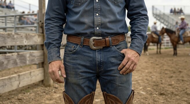 Close up of a cowboy wearing a tooled leather belt with a silver buckle and denim jeans. Authentic western wear at an outdoor rodeo arena