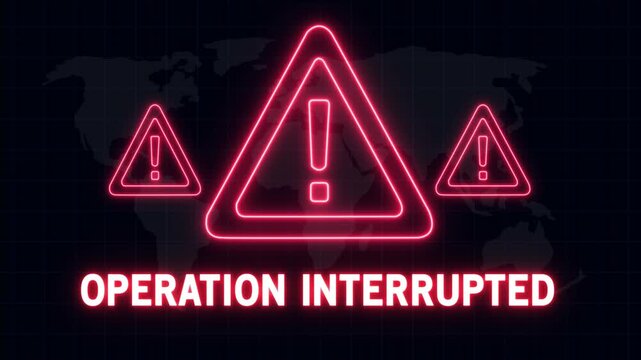Cyber security alert featuring glowing red neon warning triangles and exclamation marks with bold operation interrupted text overlay on a dark digital map background, for network error concepts