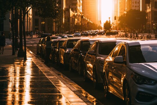 Dusk city street with cars lined up for parallel parking and soft reflections on wet pavement