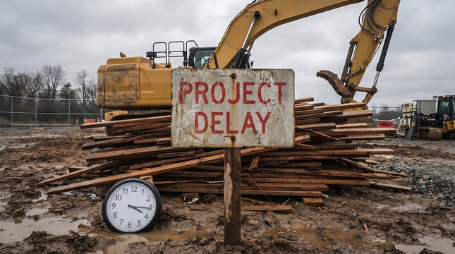 Project delay sign in front of a construction site excavator and stack of wooden planks with a clock showing time passing construction excavator industrial machinery