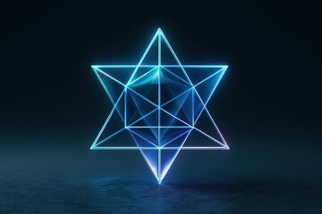 Fototapeta premium Floating neon star tetrahedron mesh with cyan glow and interlocking triangles