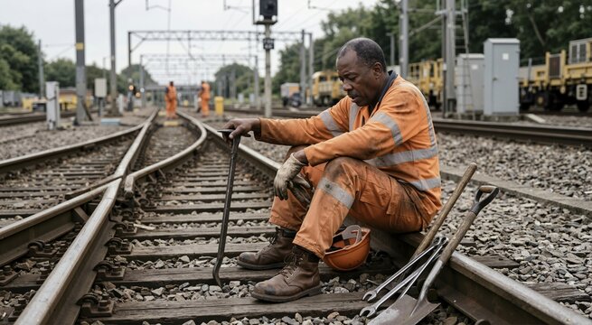 Senior Black railway worker resting on track tools looking physically spent. Exhausted male laborer sitting on rails after hard physical labor
