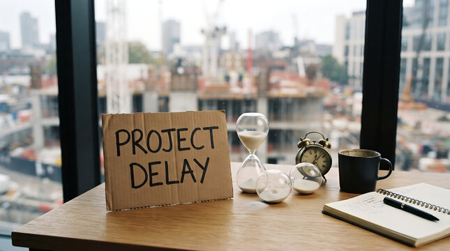 Cardboard sign saying project delay on desk with hourglasses and clock near construction view from high rise office construction cardboard hourglass business