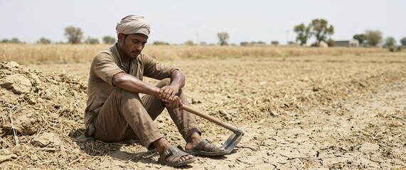Fototapeta premium Exhausted Indian agricultural worker sitting on dry cracked earth holding farming tool. Tired farmer resting in barren field during heatwave