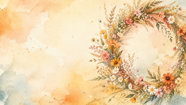Watercolor wreath of wildflowers, pastel shades, personification of blooming nature and joy, with a space to copy