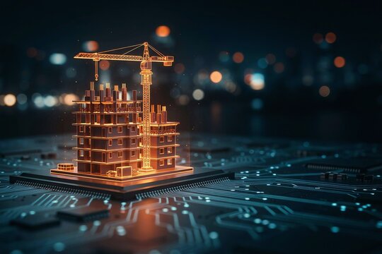 Smart building site construction crane model on electronic circuit board microchip background
