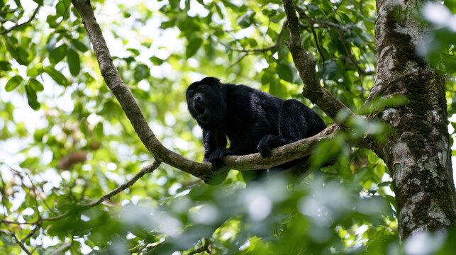 Black howler monkey perched on a tree branch in a lush Central American jungle