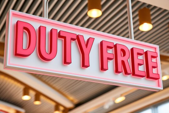 Glowing red duty free store sign hanging from ceiling inside an airport terminal, illuminated with warm lighting and modern architectural elements visible in the background