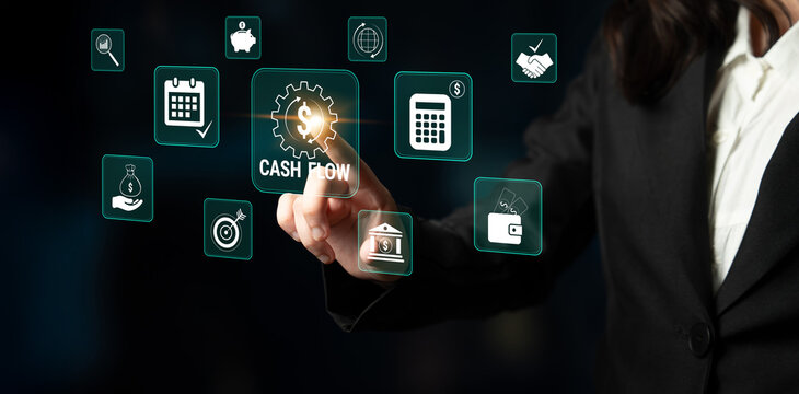Business Professional Interacting with Digital Icons Representing Finance, Cash Flow, Investment, and Economic Growth in a Modern Workspace. Glyphic.