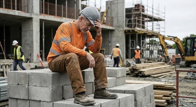 Senior Caucasian construction laborer sitting on concrete block looking faint. Exhausted male worker holding his head at a building site