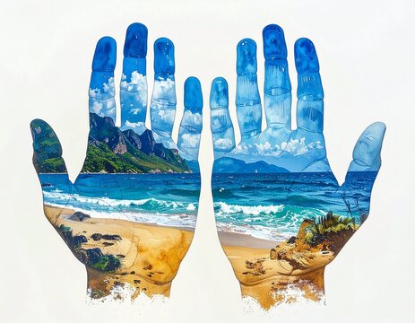Paysage tropical sur des paumes de main