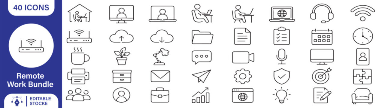 Remote Work and Home Office Line Icons Set - 40 Editable Stroke Freelance, Business, and Online Freelancing Vector Elements
