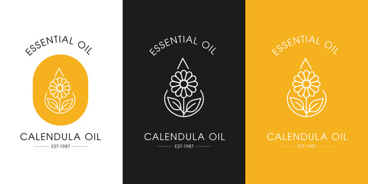 Calendula Essential Oil Product Certification Badge, vector illustration.