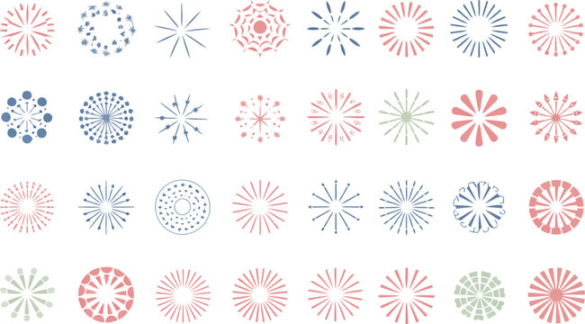 Assortment of starburst and circular graphic elements in pastel colors starburst