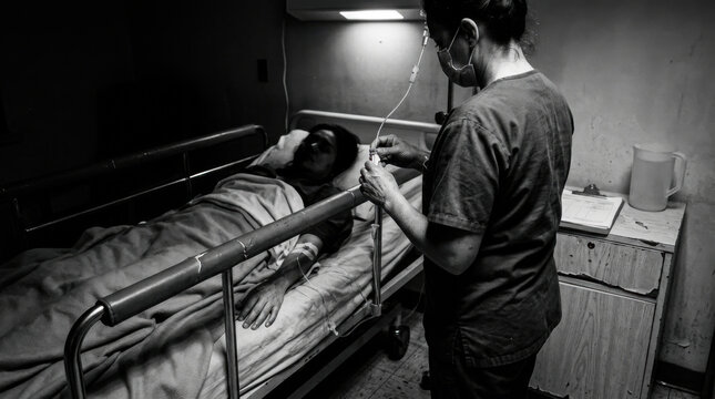 Nurse Cares For Patient Receiving Intravenous Fluid Therapy in Recessed Lighting