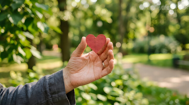 A small heart shape, symbolizing love, care, and compassion, set against a beautifully blurred green park background with soft bokeh, conveying warmth, affection