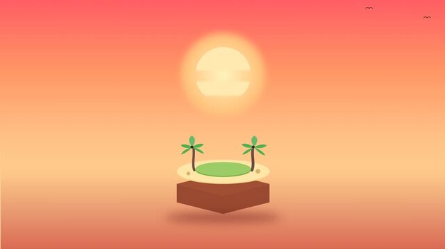 An isometric illustration of a serene tropical island with palm trees at sunset