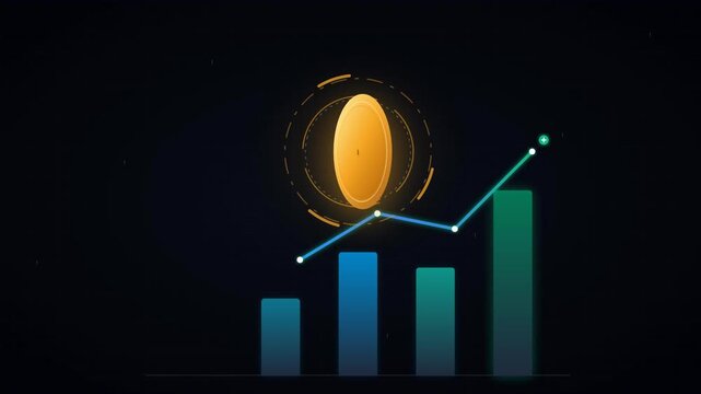 An isometric illustration of a growing graph with a golden coin on a black background