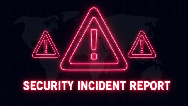Cyber security incident report digital alert with glowing red neon warning triangles and global network map background, for corporate data, breach notification and, information technology system