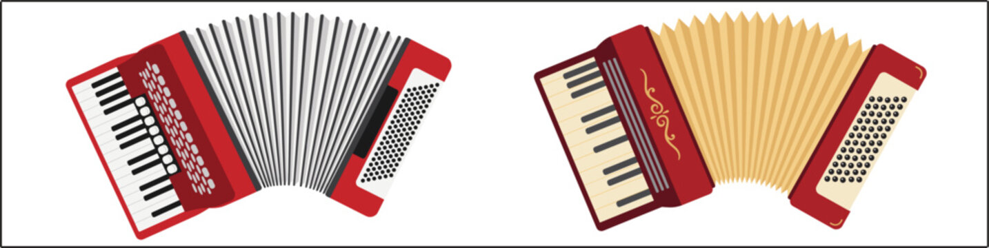 Classic accordion instruments, colorful musical keyboard concertina vector illustration isolated performance collection design artwork