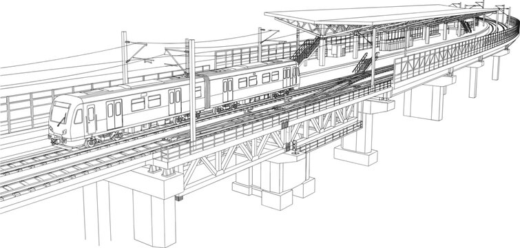 Elevated metro train station line art vector illustration for public transit and urban infrastructure concepts