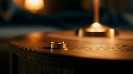 Obraz premium A Solitary Ring on a Table: A close-up shot captures a single gold wedding ring resting on a polished wooden table, illuminated by a warm, ambient light, evoking a sense of intimacy and commitment.
