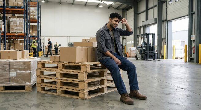 Tired young Indian warehouse worker resting on wooden pallets. Logistics employee taking a break in large storage depot. Hard physical labor and fatigue concept