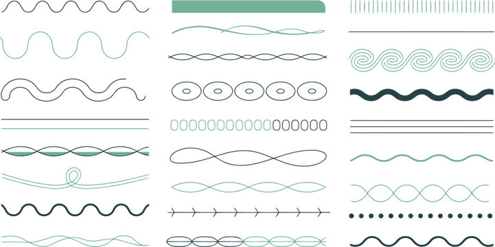 Collection of decorative wavy lines and geometric shapes in teal and black wave curve