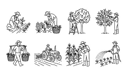Obraz premium Farm Worker and Orchard Agriculture Line Art Icons High Quality Editable Stroke Vector Set