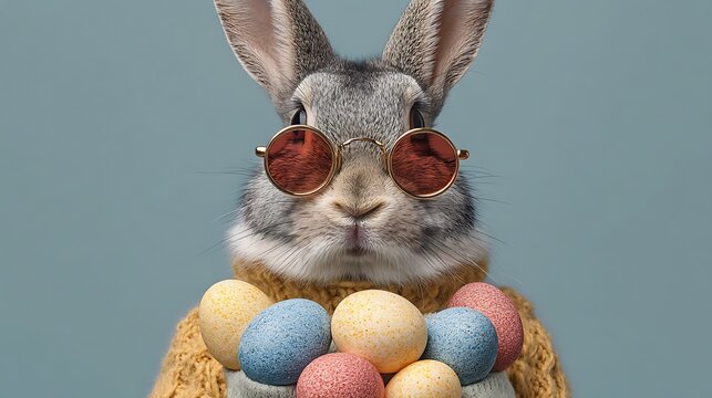 Gray and white bunny with pink ears holding colorful easter eggs on green background
