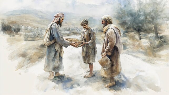 As the believers share bread and water with a weary traveler, their kindness reminds us that serving others with compassion reflects God's love in everyday life.
