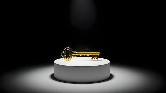 Golden key on a white pedestal under spotlight with dramatic black background and soft shadows