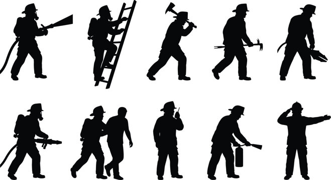 Firefighter rescue emergency silhouette vector collection