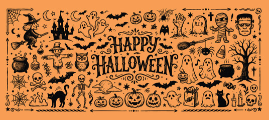 Vintage Happy Halloween greeting typography design with hand drawn holiday doodles © Avartde