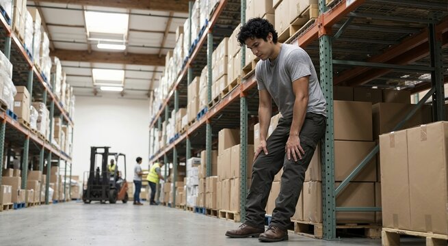 Exhausted Hispanic warehouse worker leaning against pallet rack in despair. Tired young man resting from hard physical labor in logistics depot