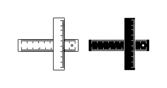 T-Square Ruler Icons, Precision Measuring Tools, Engineering and Drafting Symbols, Black and White Vector Graphics