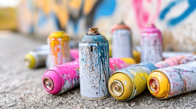 Used spray paint cans in various colors scattered on gritty pavement with a colorful graffiti wall in the background, showcasing urban art elements and textures