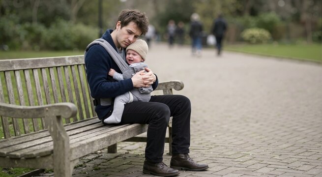 Exhausted young father sitting on park bench with crying baby in carrier. Overwhelmed dad experiencing parenting stress in public