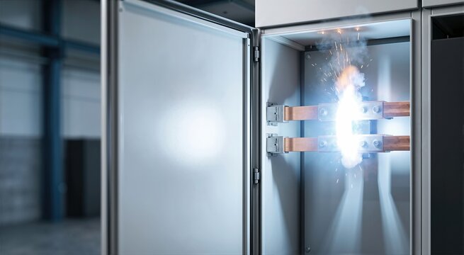 Intense electrical arc flash between copper busbars inside an open metal cabinet. Industrial power failure and dangerous short circuit explosion