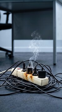 Hazardous overloaded power strip with tangled cords emitting smoke. Dangerous electrical short and fire risk