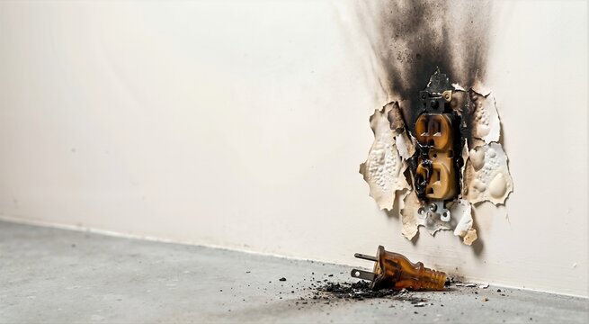 Charred electrical outlet with heavy black soot stains and peeling paint on a white wall. Melted amber plug lying on the floor amidst debris. Aftermath of a dangerous electrical short circuit fire