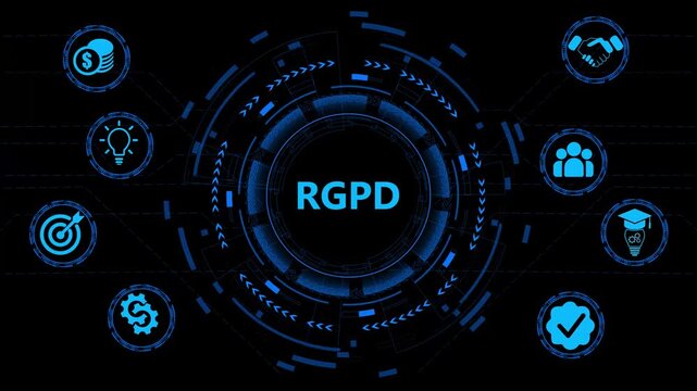 People using mobile gadgets and internet devices among big RGPD letters. GDPR, RGPD, DSGVO. Concept vector illustration. Flat style. Horizontal. 4k animated video on technology background.