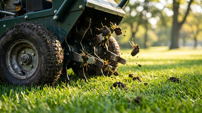 Lawn aerator machine working on a green grass garden with gardening equipment maintenance aeration landscape groundskeeping gardener agriculture planting