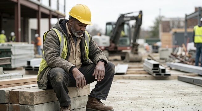 Senior Black construction foreman looking down with expression of deep fatigue. Exhausted male worker sitting on wooden planks at building site