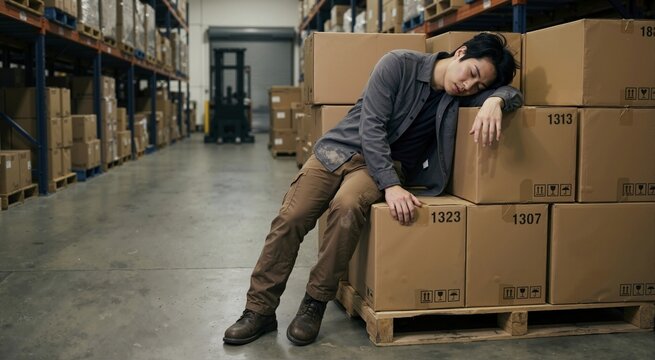 Exhausted young Asian warehouse worker sleeping on cardboard boxes. Tired logistics employee collapsed on pallet in storage depot. Hard physical labor and burnout concept
