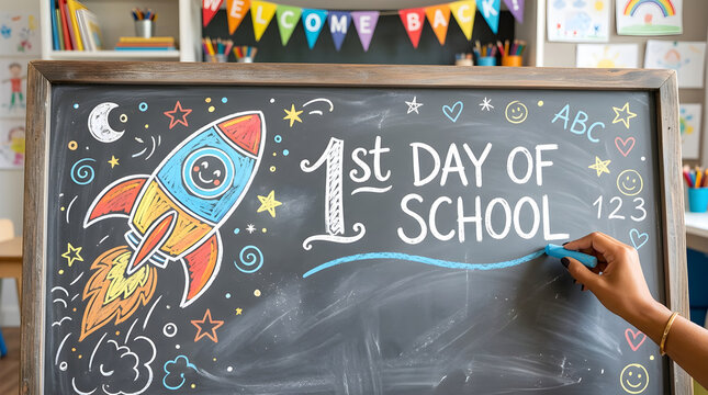 A hand draws a rocket on a chalkboard for the first day of school. This colorful educational illustration represents back to school excitement.