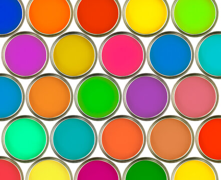 Colorful assortment of paint cans arranged in neat grid pattern showcasing vibrant hues