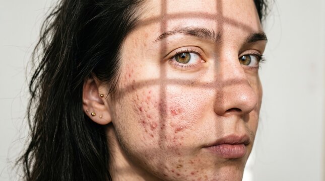 Portrait of young woman with visible acne breakouts and skin blemishes self esteem self acceptance blemishes