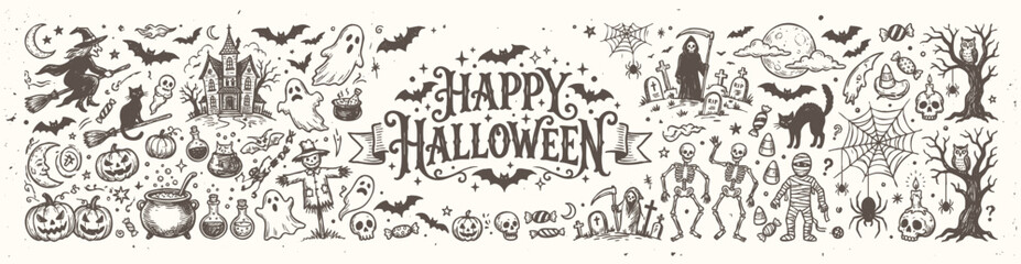 Vintage Happy Halloween greeting typography design with hand drawn holiday doodles © Avartde