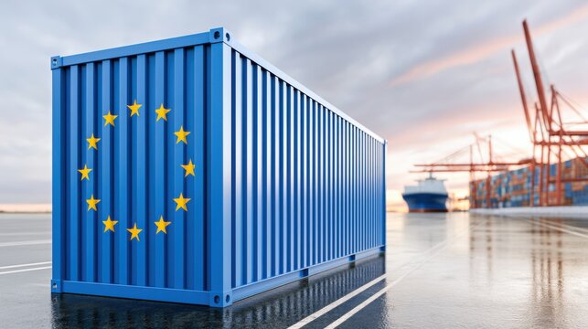 Blue cargo container with European Union emblem positioned at a shipping port, cranes and cargo ships visible in the background under a cloudy sky